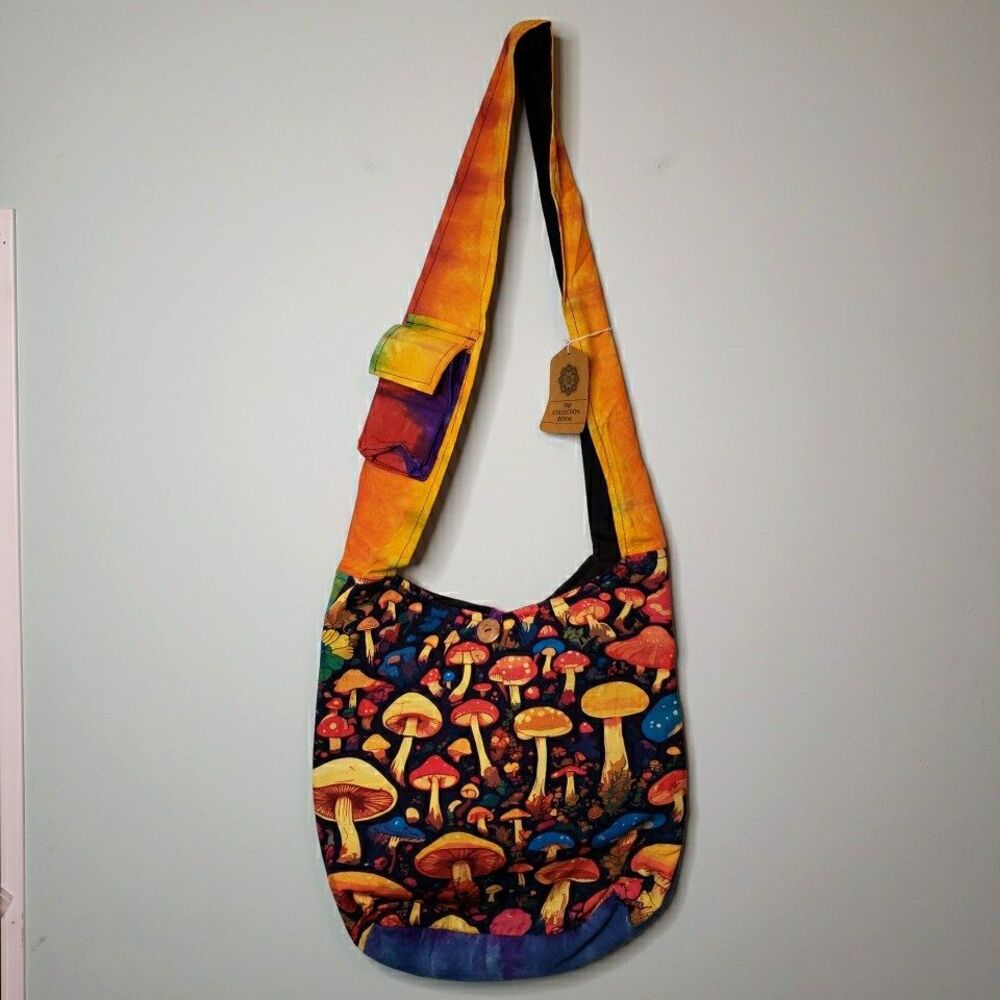 Mushroom Crossbody Hobo Bag Tie Dye Fabric Woodland Fairy Purse Handmade Nepal - Picture 2 of 16